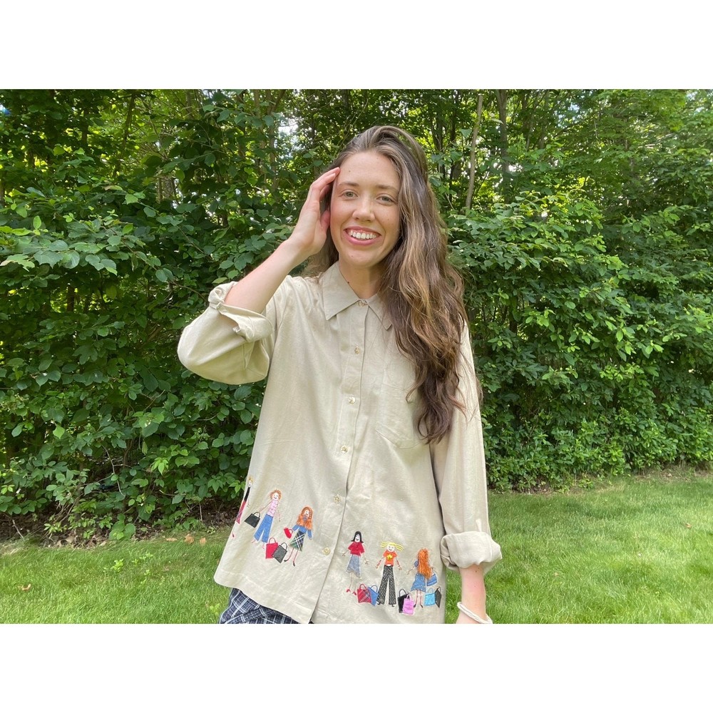 Vintage Y2K Shop Til You Drop Embroidered Linen Blend Button Down
